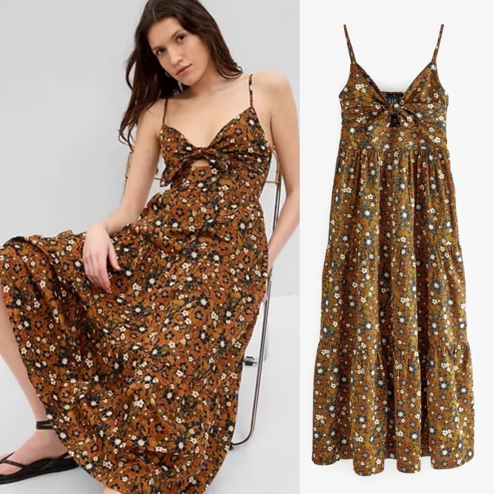 BOGO! GAP Tie Cutout Midi Floral Cotton Dress Black Brown Size Large